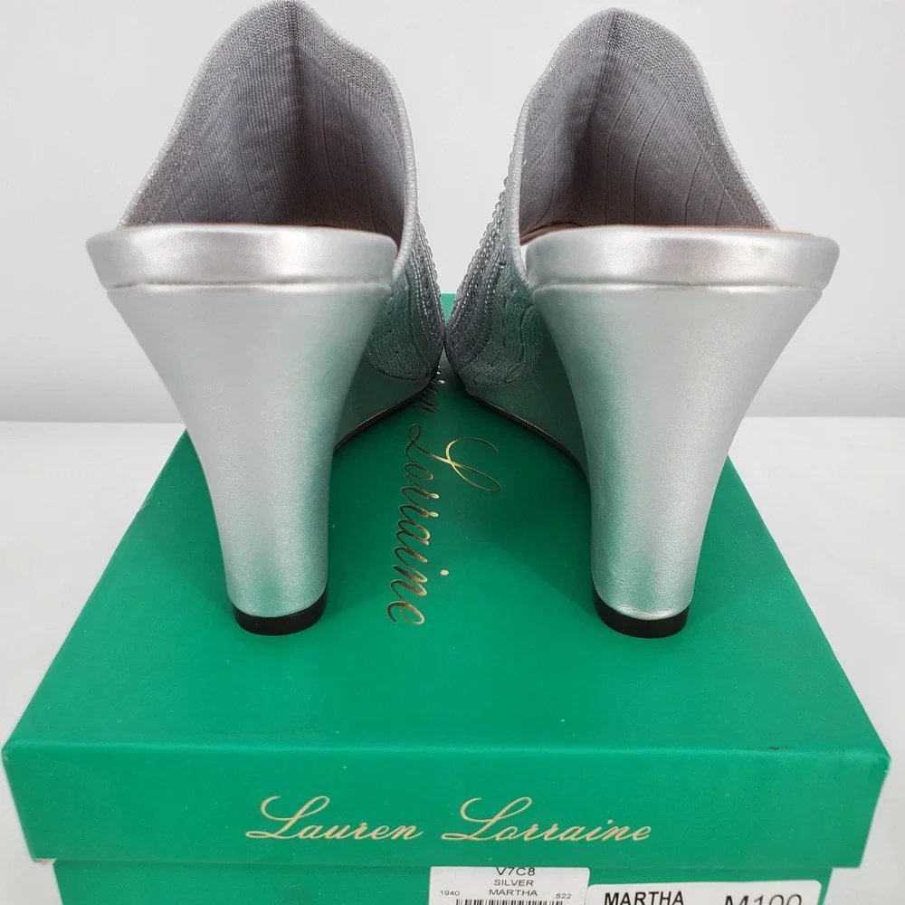Lauren Lorraine Martha Silver Rhinestone Wedge Mules Peep Toe Sandals Womens 10
